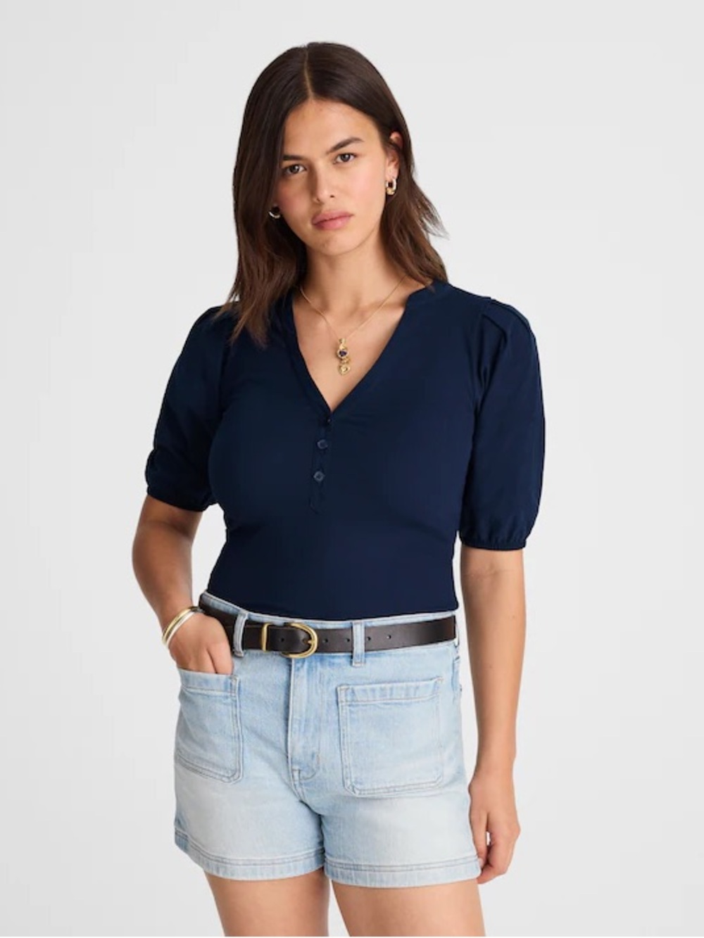 Madewell Puff-Sleeve Henley ribbed Knit Top navy blue women’s Size XS NWT